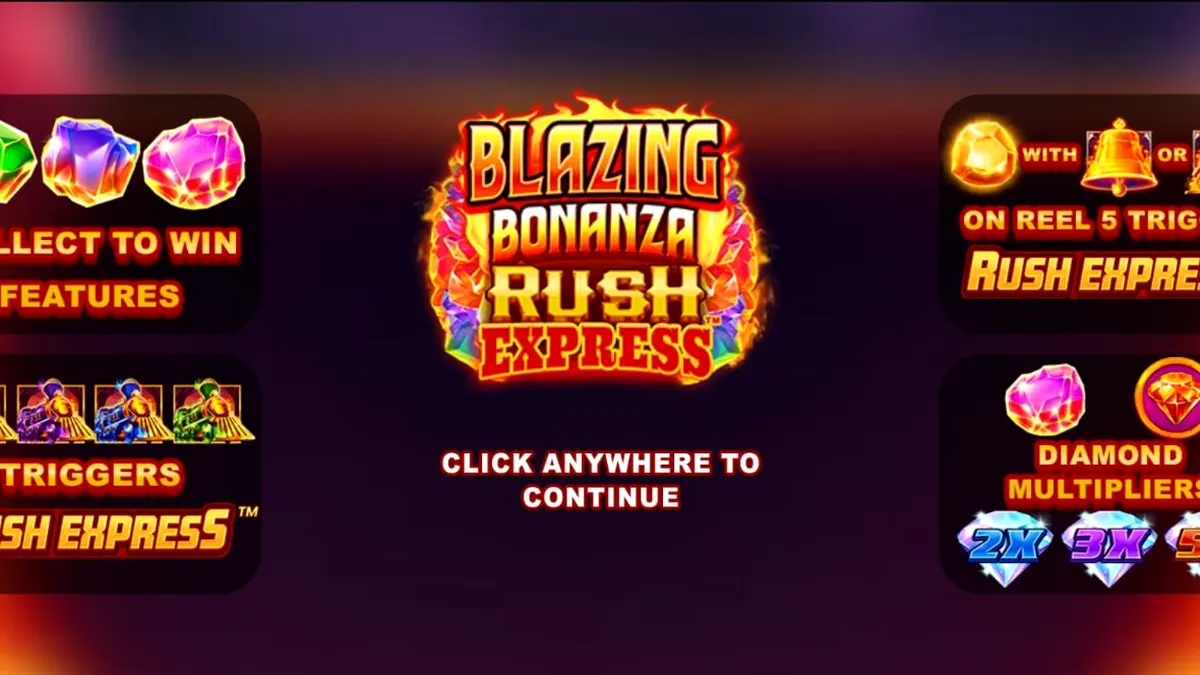 Blazing Bonanza Rush Express slot game interface featuring mining theme and gold train