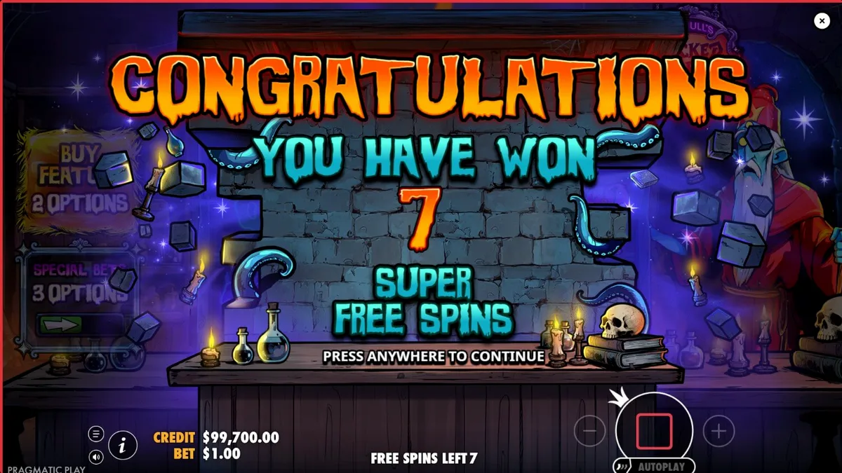 Tampilan visual slot Mr Null’s Wicked Wares dengan tema horor arcade