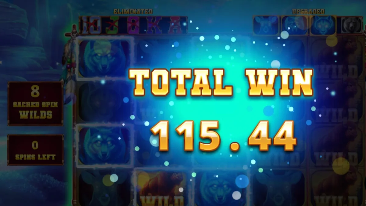 Pemandangan padang gurun dengan simbol totem dan hewan liar di slot Sacred Buffalo