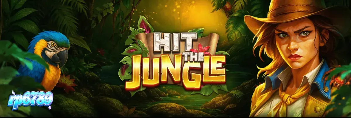 Tampilan layar slot Hit the Jungle dengan gulungan yang dipenuhi simbol-simbol hutan dan kuil emas di latar belakang.